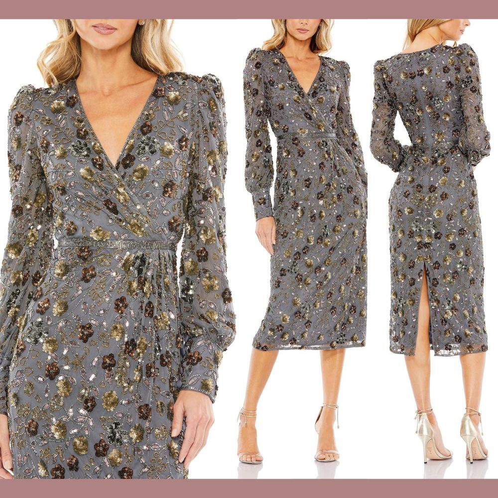 NEW‎ $598 Mac Duggal [ 10 ] Long Sleeve V Neck Midi Dress Charcoal Grey #J67